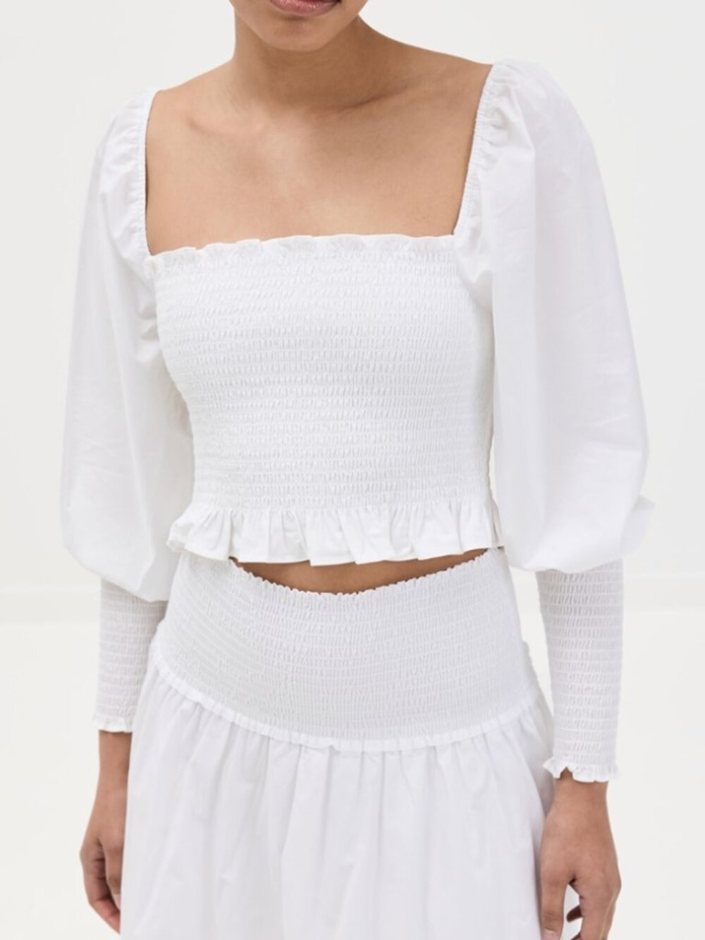 Hill House White Grace Nap Smocked Crop Long Sleeve Top XS